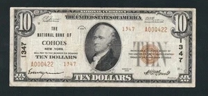 RARE NATIONAL BANK OF COHOES TYPE 2 1929 $10, CHARTER# 1347. LOW SERIAL NUMBER  - Picture 1 of 2