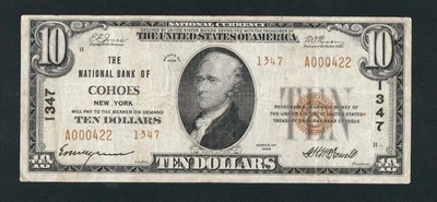 RARE NATIONAL BANK OF COHOES TYPE 2 1929 $10, CHARTER# 1347. LOW SERIAL NUMBER  - Image 1 of 2