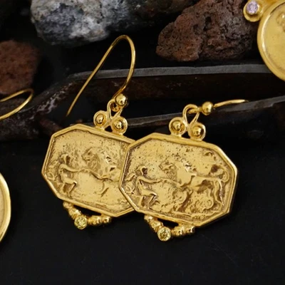 925k Sterling Silver Handmade Roman Art Yellow Topaz Lion Coin Earrings By Omer - Image 1 of 4