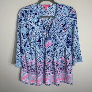 Lilly Pulitzer Popover 3/4 Sleeve Blouse-Pink Blue-Tassels-Size XXS - Picture 1 of 9