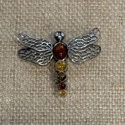 Broche prendedor cabujón libélula ámbar báltico plata esterlina joyería de insectos 925 Foto 1 de 4