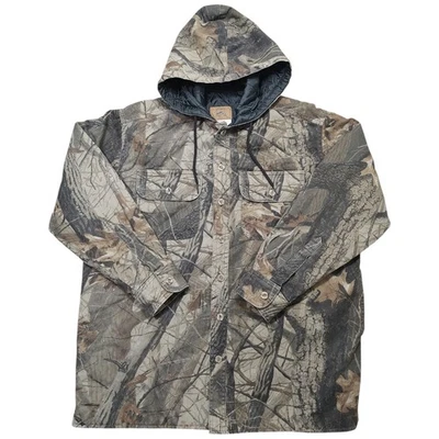Vtg Duxbak Realtree Hardwoods Camo Hooded Button Front Jacket M Quilted Lined - Image 1 of 4