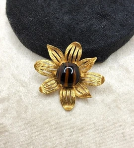 Vintage 60er signierte Florenza goldfarbene Blumenbrosche mit Schildpatt Glas c - Bild 1 von 11