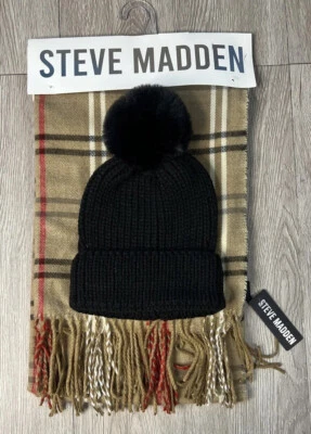 Steve Madden Scarf Hat Set Black Hat With Pom Tan Plaid Scarf w/ Black Red New - Image 1 of 4