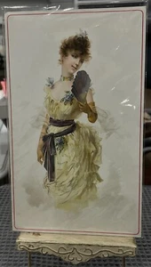 Victorian VTG Paper Scrap BEAUTIFUL PRETTY BRUNETTE LADY Yellow Dress FAN 10x6 - Picture 1 of 7