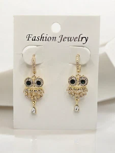 Dainty Fashion Green Eyed Owl Crystal Tear Drop Earrings - Picture 1 of 2