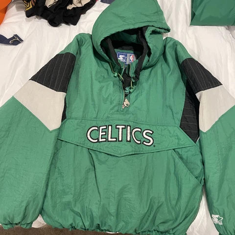 VTG Boston Celtics Starter Pullover Hooded 1/4 Zip Quilted Cold-Weather Jacket Cover
