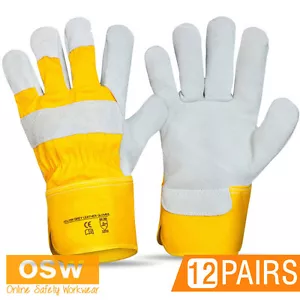 12 PAIRS X COW SPLIT LEATHER SAFETY FARM/TOWING/BUILDER/FACTORY WORK GLOVES - Foto 1 di 1