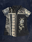 Vintage All Over Print Black Flower Embroidered Full Zip Cyber Grunge Shirt Wome