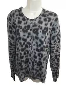 Apt 9 100% Cashmere Black Gray Animal Print crew Neck Cardigan L - Picture 1 of 5