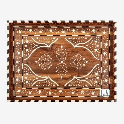 Home Decor Wood Bone Inlay Serving Tray Antique Design Handmade Serving Tray - Image 1 of 4