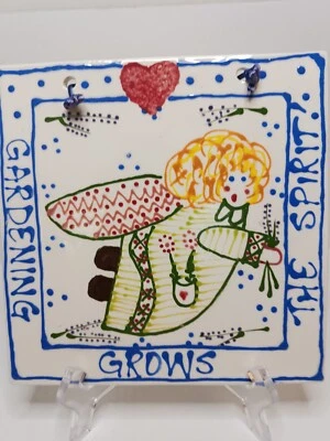 SARI Ceramic Garden Angel Wall Plaque/Trivet Handmade/Hand Painted Sq 8" x 8" - Image 1 of 2