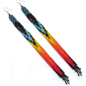 Black Fire Color Glass Seed Beads Beaded Extra Long Earrings 7.5 Inch - Picture 1 of 3