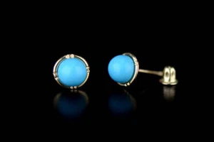 14k Yellow and White Gold Round Turquoise Stud Earrings/ Screw Back - Picture 1 of 7