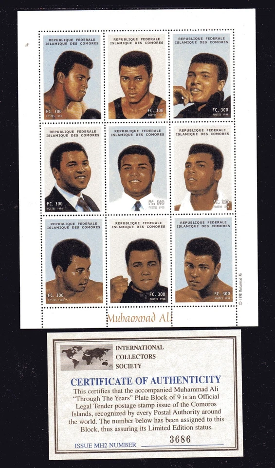 COMORO ISLANDS  1998  MUHAMMED ALI  MINT VF NH O.G SHT9 W/CERT (100CO) - Image 1 of 1