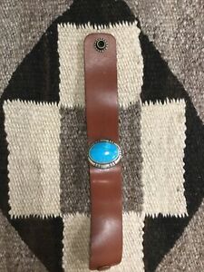 Vintage Native American Leather Wrist Band with Turquoise Colored Stone 8 1/2”