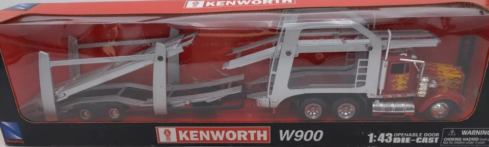 New-Ray 15213 1:43 Red W/Flames Kenworth W900 Semi Truck Auto Carrier Die Cast - Image 1 of 1