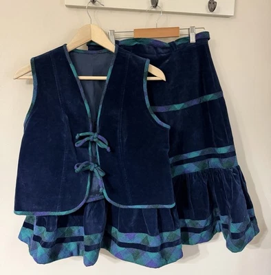 Vintage Ruffle Blue Velvet Circle Skirt Vest Plaid Trim Set Med Rockabilly WOW! - Image 1 of 4