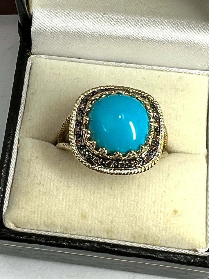 Anillo Halo Diamantes Champagne Turquesa La Bella Durmiente Oro Amarillo 14K Talla 10 Foto 1 de 4