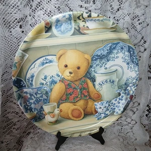 Vintage Wilscombe Somerset Teddy Bear with Blue and White Kitty Cat Round Tray - Picture 1 of 6