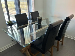 Solid Oak Glass Top Table And 4 Black Leather Dining Chairs And Large Sideboard - Picture 1 of 2