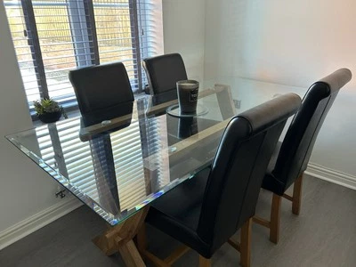 Solid Oak Glass Top Table And 4 Black Leather Dining Chairs And Large Sideboard  - Image 1 of 2