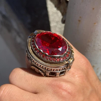 Men Handmade Large Ruby Stone Large Ring Handmade Ottoman Style Men Ring - Image 1 of 4