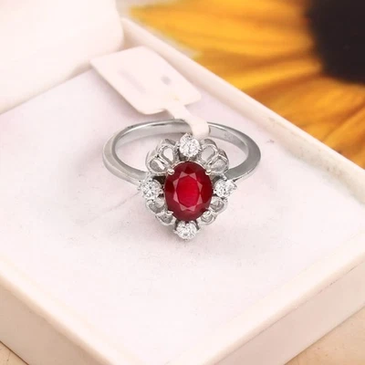 Elegant Ruby Halo Ring Sterling Silver Engagement Gift for Women AnniversaryGift - Image 1 of 4