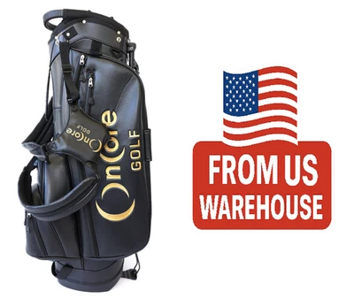 OnCoɾe Black Leather Golf Stand Bag with Dual Shoulder Straps and Club Dividers. - Image 1 of 4