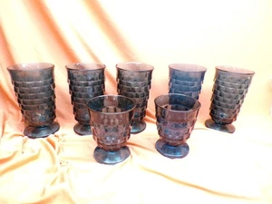 7 Vintage Indiana Glas blau/grün Whitehall Kolonie Kubistische Trinkgläser mit Fuß - Bild 1 von 3
