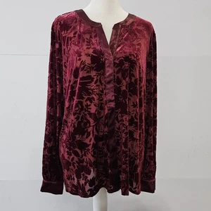 Chico's 2 (L) Maroon Button Up Velvet Relief Floral Pattern Blouse with Lacey Ne - Picture 1 of 22