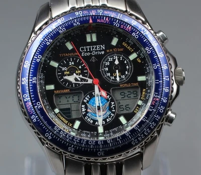 Relógio masculino Citizen Promaster Eco-Drive Navihawk azul impulso solar titânio JPN - Imagem 1 de 4