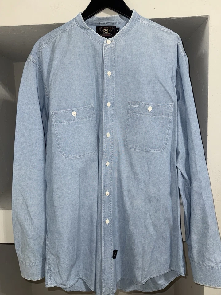 RRL Double Ralph Lauren Mandarin Band Collar Shirt - Size Large Blue - Image 1 of 4