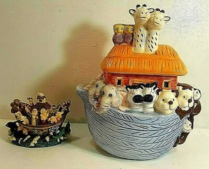 HAND PAINTED GLAZED CERAMIC NOAH'S ARK COOKIE JAR WITH MINI NOAH'S ARK TRINKET - Picture 1 of 7