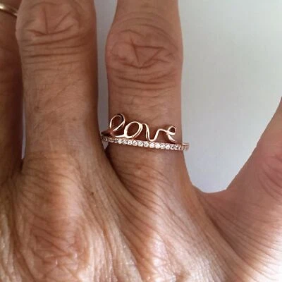 Rose Gold Plated Sterling Silver CZ LOVE Ring, Silver Rings, CZ Ring - Image 1 of 4