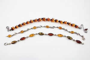 Sterling Silver Amber Bracelets Baltic Copal Chips Dolphin Panel x 3 (12g)