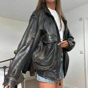 90s Vintage A2 Distressed Dark Brown Military Womens Oversize Leather Jacket - Picture 1 of 7