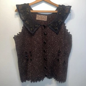 Hot Knots Engraved Buttons Vest Crochet Flounce Sweater Lace Collar Size S/M - Picture 1 of 13