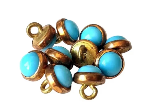 One Tiny Antique Diminutive Turquoise Blue Cabochons In Metal Doll Button Cover