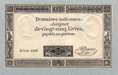 France 25 livres note 1793, A71, (30)(781) AU Rare - Image 1 of 2