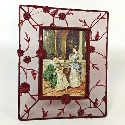 Metal Burgundy Red Sheer Fabric Floral Picture Frame 4x6 Photo Victorian Style - Image 1 of 3