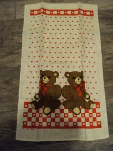 1980's Vintage Print All Pure Linen Kitchen Towel Teddy Bears Hearts D Provost - Picture 1 of 8