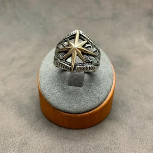 925 Sterling Silver Sailor Compass Ring. 14k Gold Plated Compass Rose. 7 mm Band - Picture 1 of 10