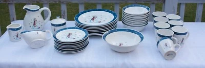 Snowman Dish Set ~ Blue and White Snowflake Edging ~ 37 Pieces - Image 1 of 4