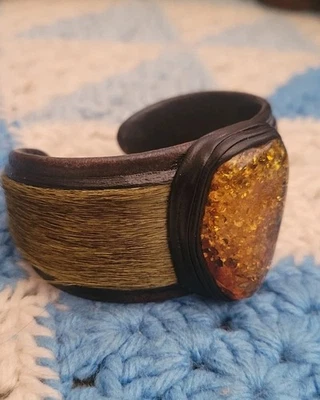 正品波罗的海琥珀、皮革和头发手链。  — 第 1/4 张图片