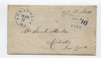 c1850 Annapolis MD stampless cover blue CDS, paid 10 rate senate  [6986.672] - Image 1 of 3