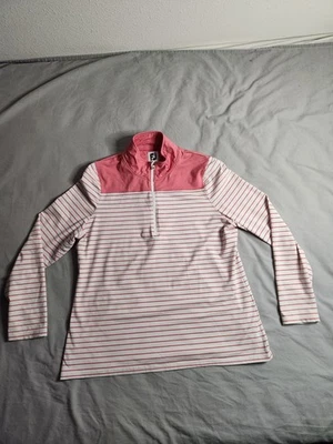 Pulôver Footjoy Masculino Tamanho XL Rosa Branco Listrado 1/4 Zíper Golfe Leve NOVO - Imagem 1 de 4