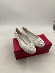 TORY BURCH MINNIE TRAVEL BALLET WITH LEATHER LOGO SIZE 8 WHITE - Picture 1 of 13