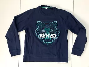 KENZO PARIS Navy Blue/Teal TIGER-GRAPHIC CREWNECK SWEATSHIRT Warm Gym Women's L - Picture 1 of 4