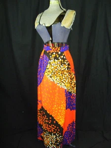 Vintage 60s Orange Black Purple Autumn Mod Printed Skirt-Waist 29" - Picture 1 of 10